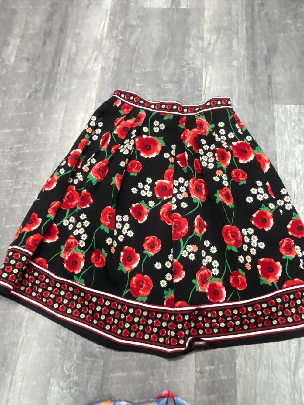 Floral A-Line Skirt in Black with Red Poppy Print